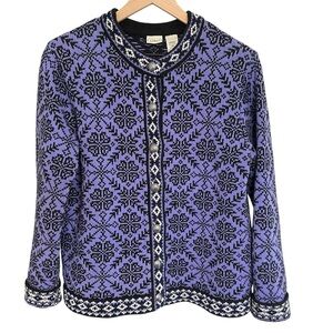 L.L. Bean Cotton Knit Cardigan Sweater Jacket Purple & Black Print Size Large